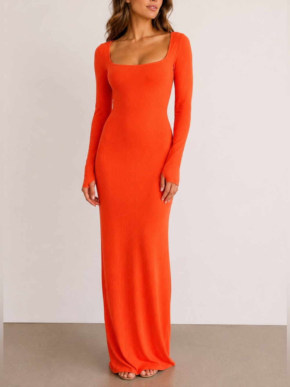 NWT Skims Soft Lounge Long Sleeve Square Neck Red Orange Fire Maxi Dress size L